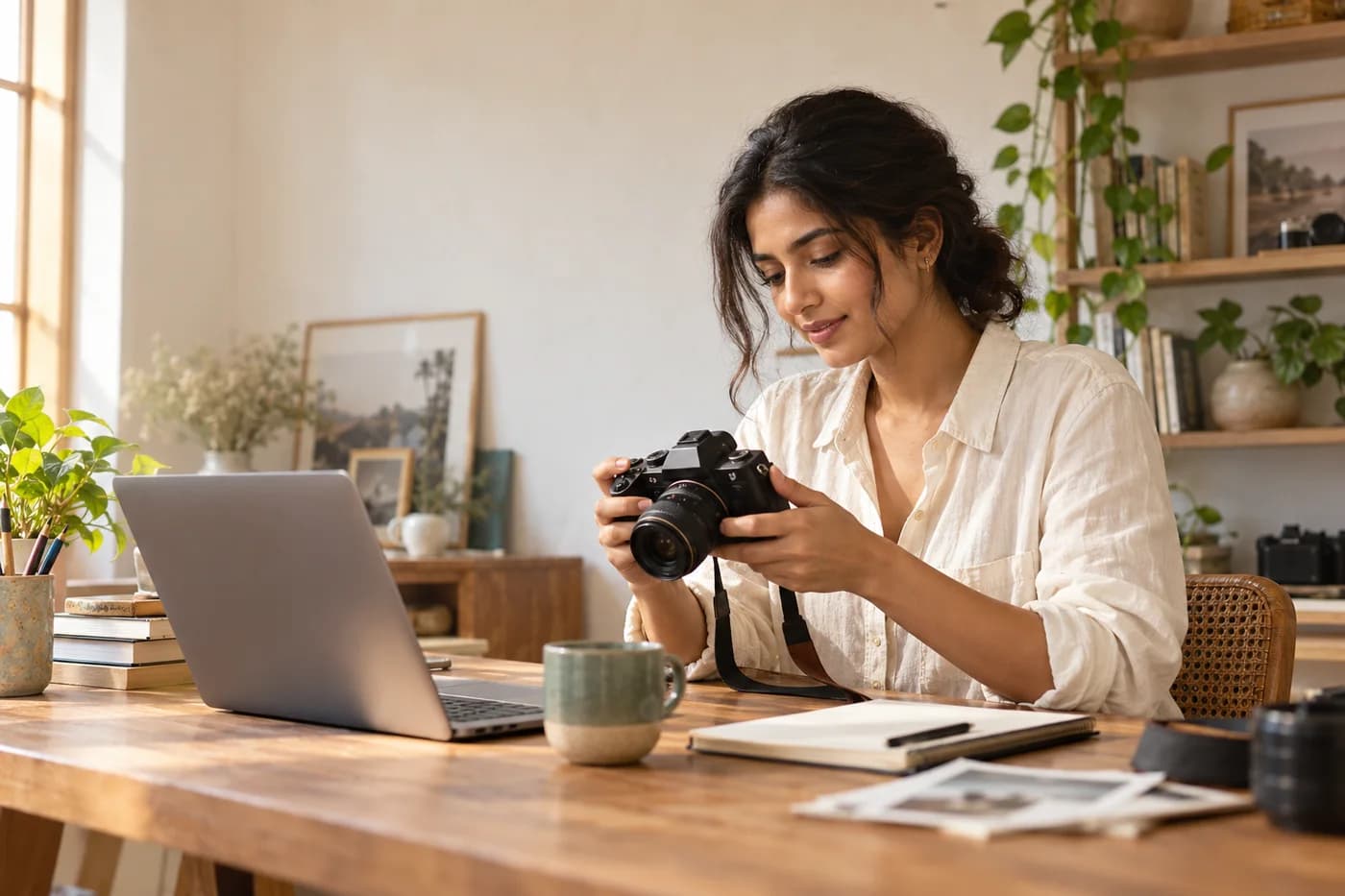 An independent Indian creator reviewing her camera and work at a warm studio desk