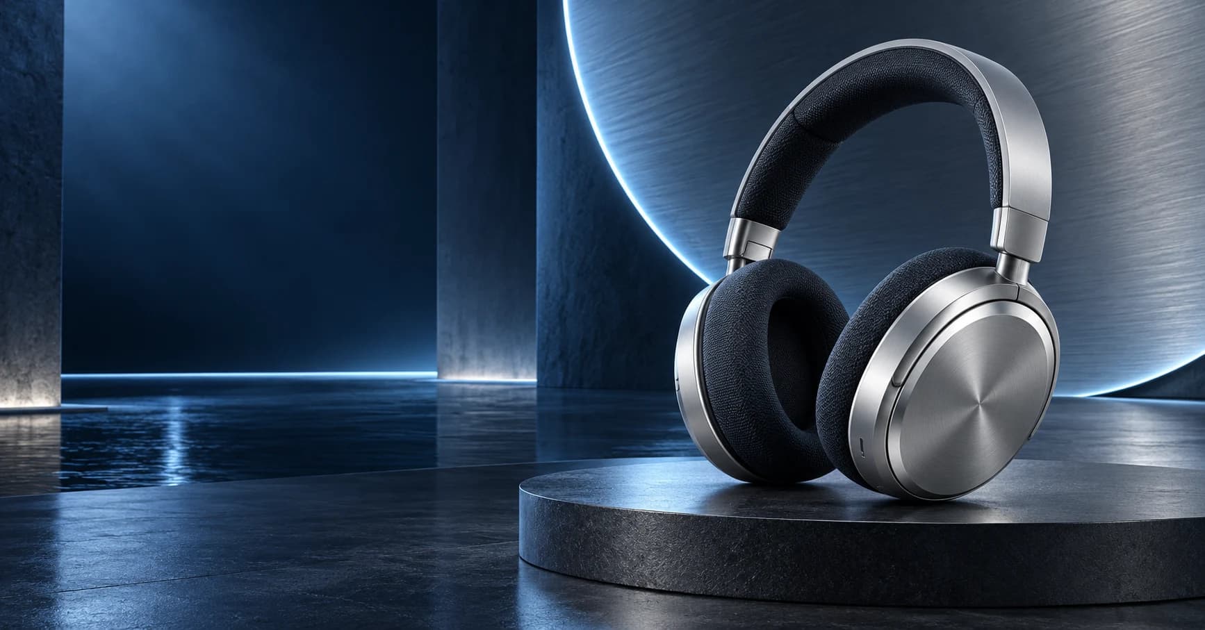 Complete silver headphones on a graphite pedestal at the right of a wide navy studio