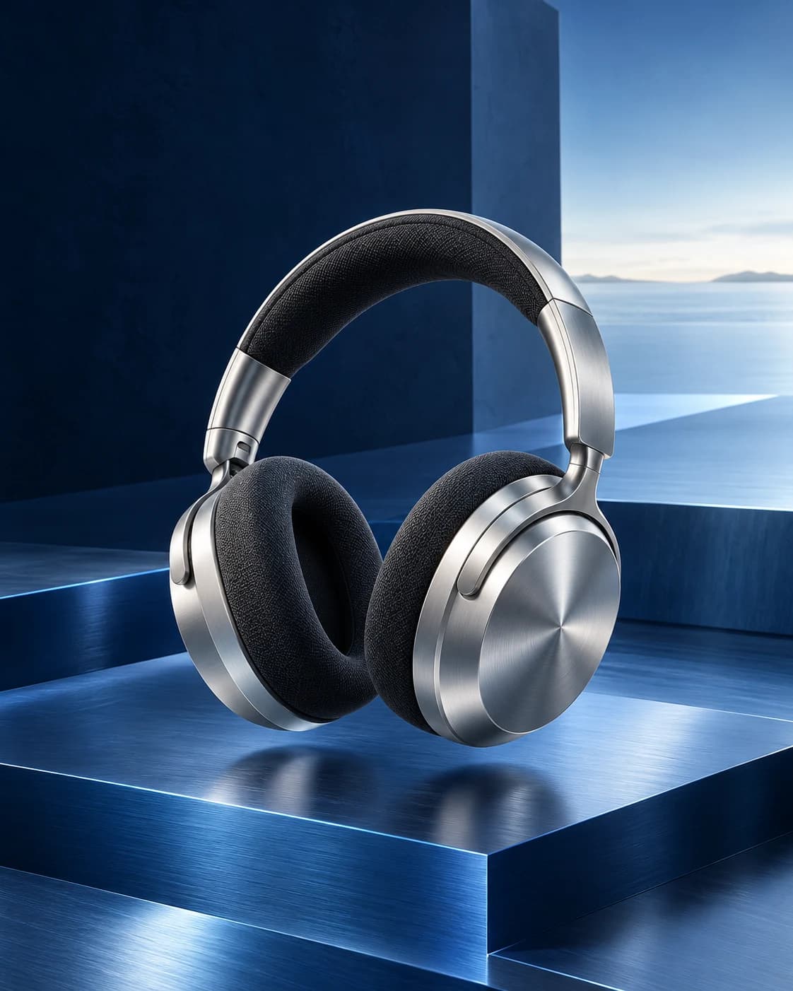 Complete silver over-ear headphones above a cobalt architectural podium